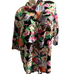 Women’s Angeles Fuchsia Pink And Citrus Orange Floral Blouse Pocket in XL 16